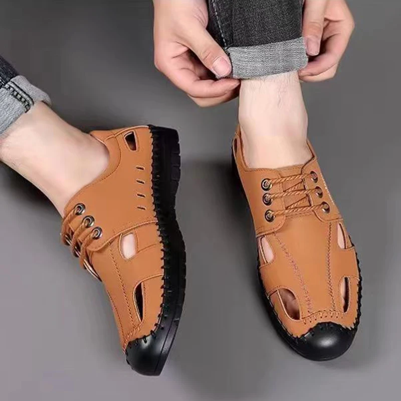 Сандалии мужские из воловьей кожи Повседневная дышащая обувь без застежки