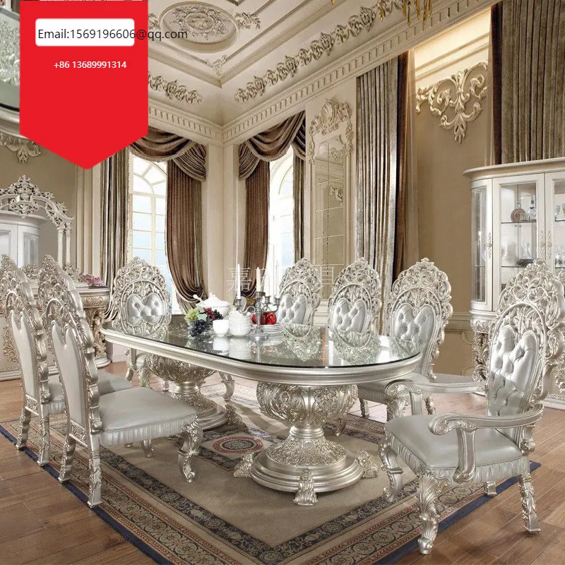 

Custom French court solid wood dining tables and chairs log carving art European luxury baroque restaurant furniture