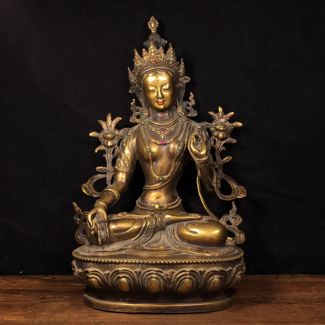 

13"Tibet Buddhism Old Bronze Gilt mosaic Gem Seven Eyes White Tara Bodhisattva Lotus Platform Sitting Buddha Enshrine the Buddha