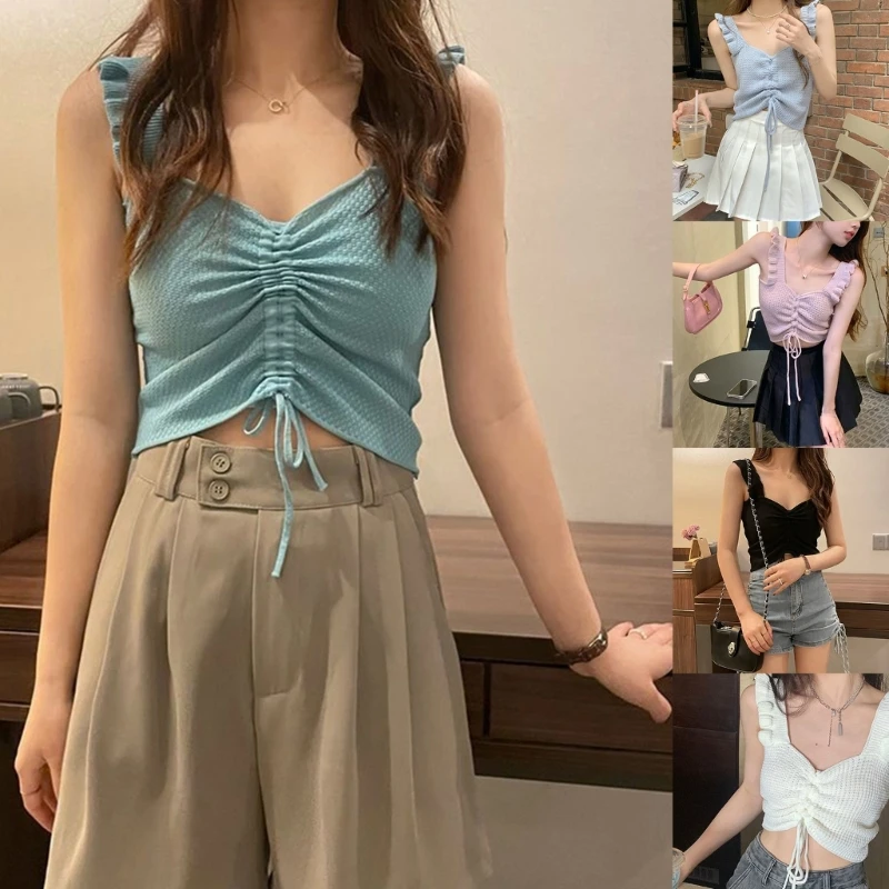 

Women's Causal Sleeveless Frill Trim Strap Knit Cami Tanks Top Summer Crop Top