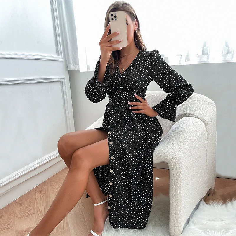 

New Women's Mid-length Polka Dot Cardigan V-neck Long-sleeved Commuter Dress
