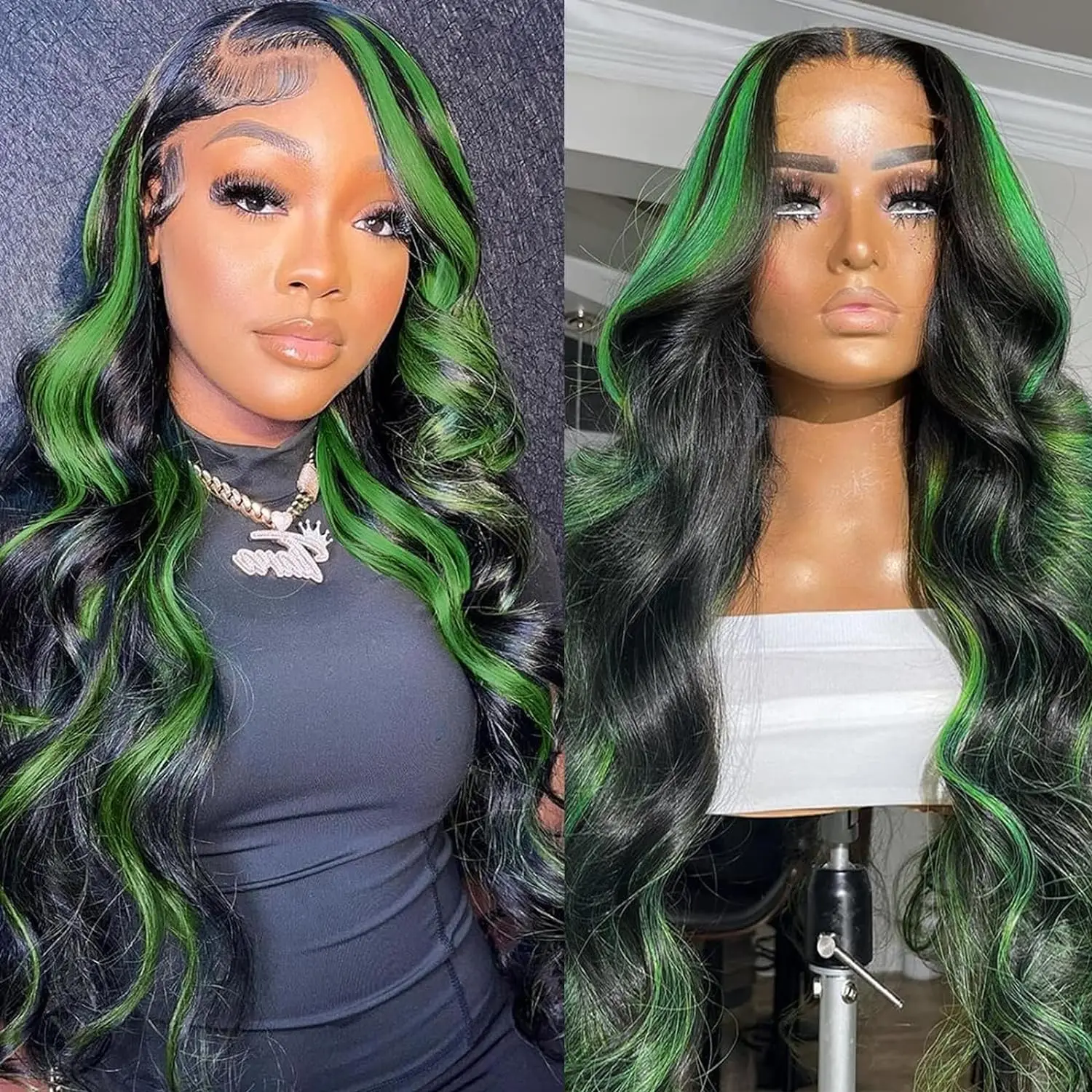 13X4 Синтетические Кружева передние парики хайлайтер черный с зелеными полосками