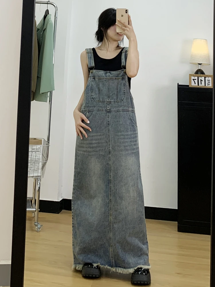 Женское винтажное джинсовое платье-комбинезон с разрезом Осеннее свободное