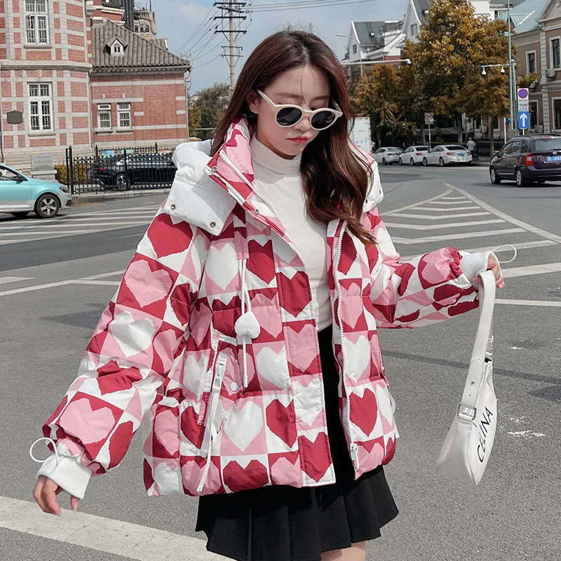 Winter Women's New 2022 Down Cotton Jacket Ladies Korean Version Loose Thickening Hooded Print Love Large Size Warm Winter Parka