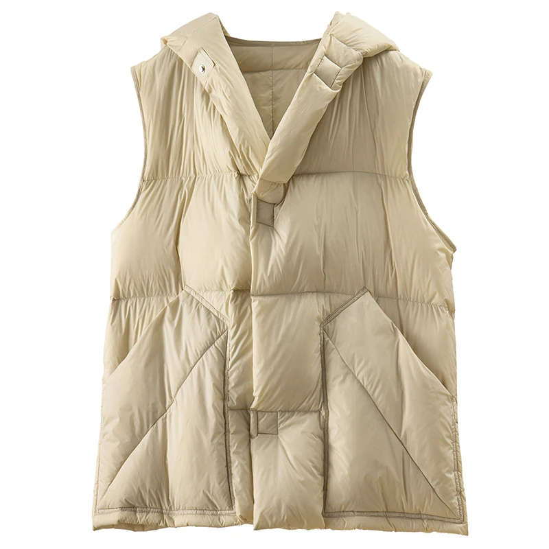

Shuchan Winter Coat Women 90% White Duck Down Hooded Casual Autumn/Winter Covered Button Wide-waisted Sleeveless Vest