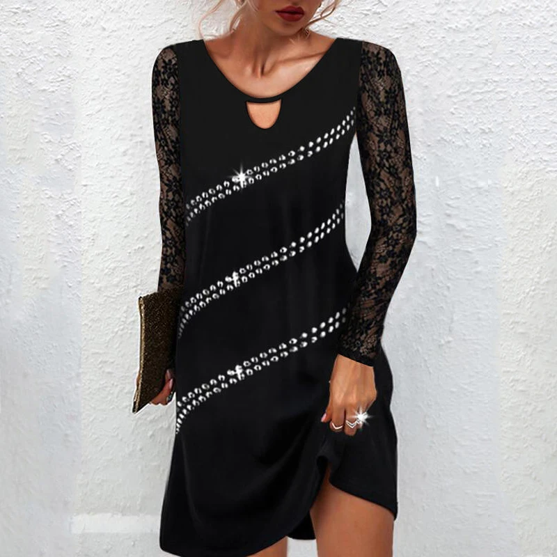 

Новинка 2022, сексуальное весенне-осеннее платье в полоску со стразами, Повседневное платье с длинным рукавом, женское свободное мини-платье ...