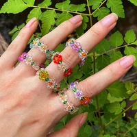 colorful bohemia elastic flower ring resin acrylic handmade multi beaded rice beads rings for women party beach jewelry gifts