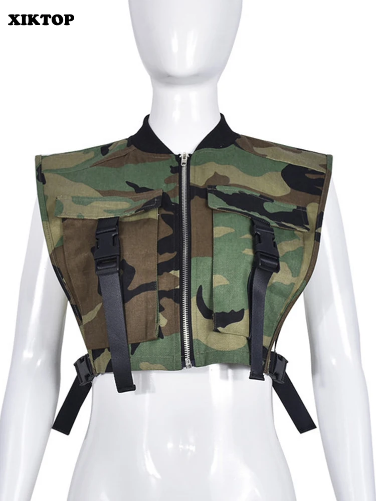 

XIKTOP Camouflage Jacket Women 2023 Summer Sexy Sleeveless Crop Top Stylish Plastic Buckles Zip Up Y2K Clothes Casual Streetwear