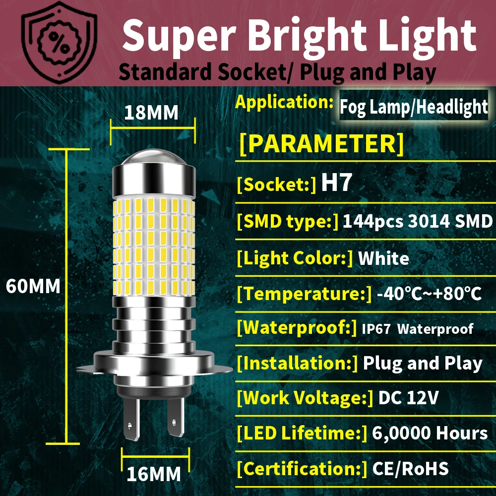 2 шт. мощные лампы для фар H7 с цоколем супер яркие без адаптера автомобильный