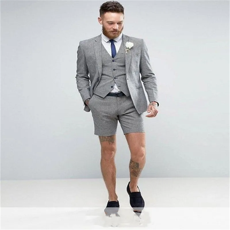 

Hot Sale Gray 3 Piece Summer Casual Men's Suits (Blazer+Short Pant+Vest) Notched Lapel Slim Fit Suit Single-breasted Men's Suit