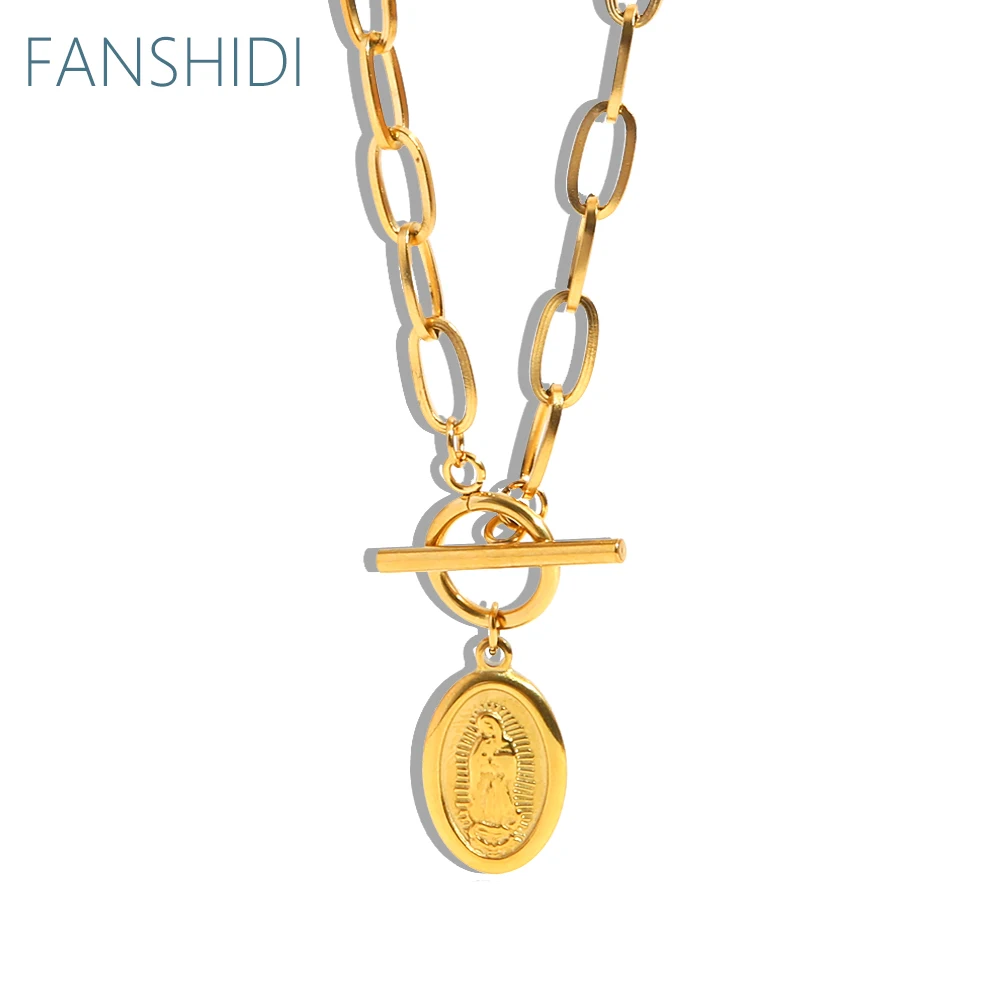 

FANSHIDI Medal Coin Necklace For Women Virgin Mary Necklace Stainless Steel Toggle Choker collar acero inoxidable mujer