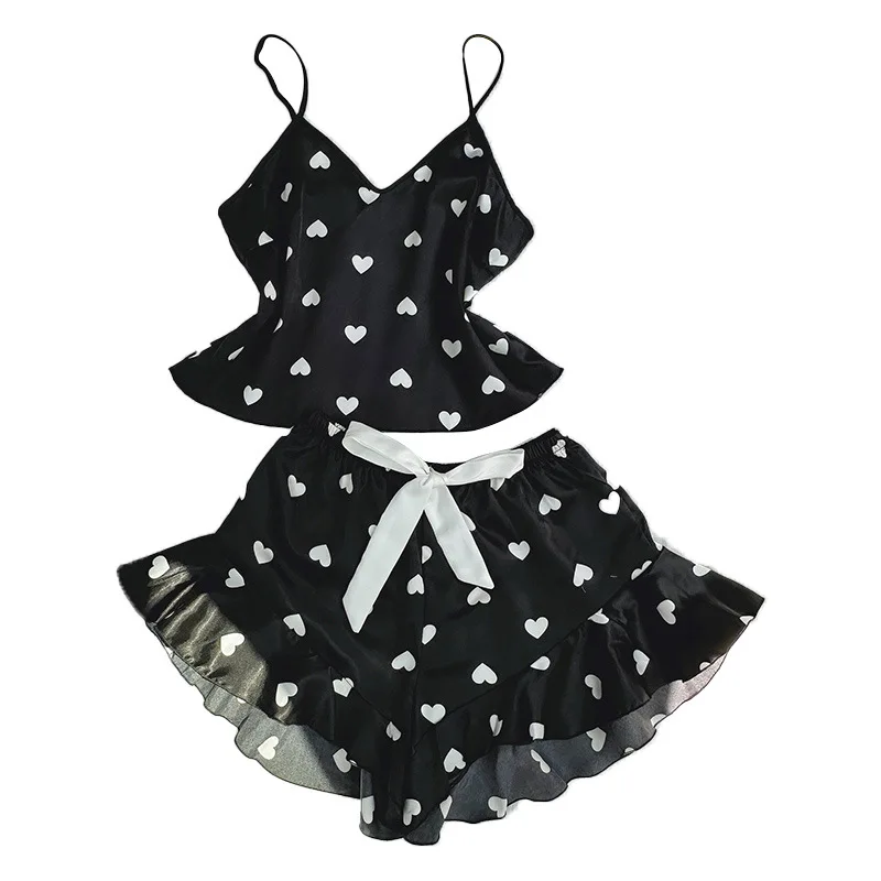 Women Pajamas Sets 2pcs Satin Silk Heart Print Pijamas Pyjama Female Sleepwear Cami Top Shorts for Woman Homewear Loungewear