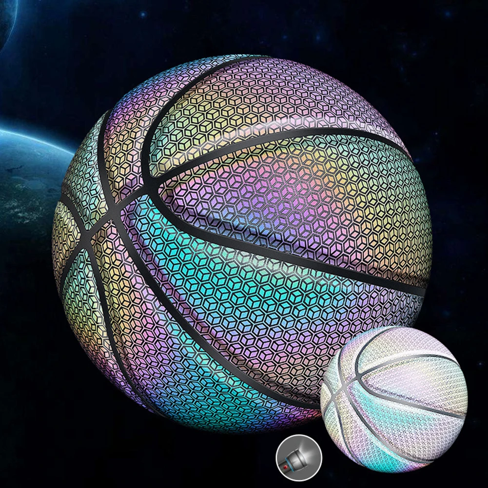 Pelota de baloncesto reflectante holográfica de colores, pelota de baloncesto de cuero PU resistente al desgaste, brillante para interiores y exteriores