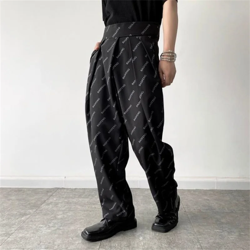 Letter print wide leg pants men's loose trousers barber shop original personality Velcro adjustable belt black white calça roupa