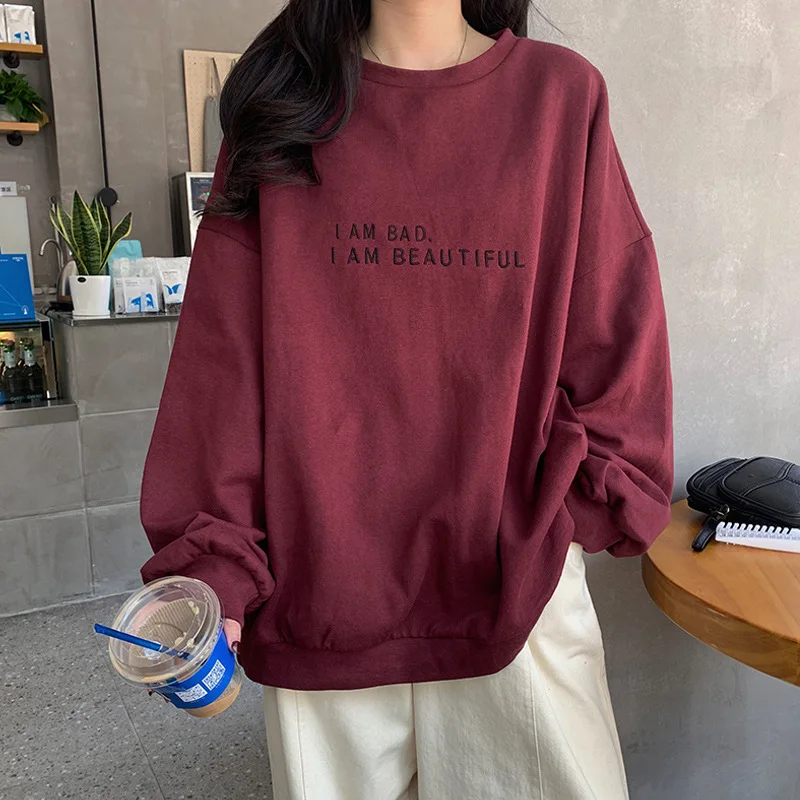 2022 new spring and autumn Korean version simple letter student top loose thin section long sleeve sweater women's clothing