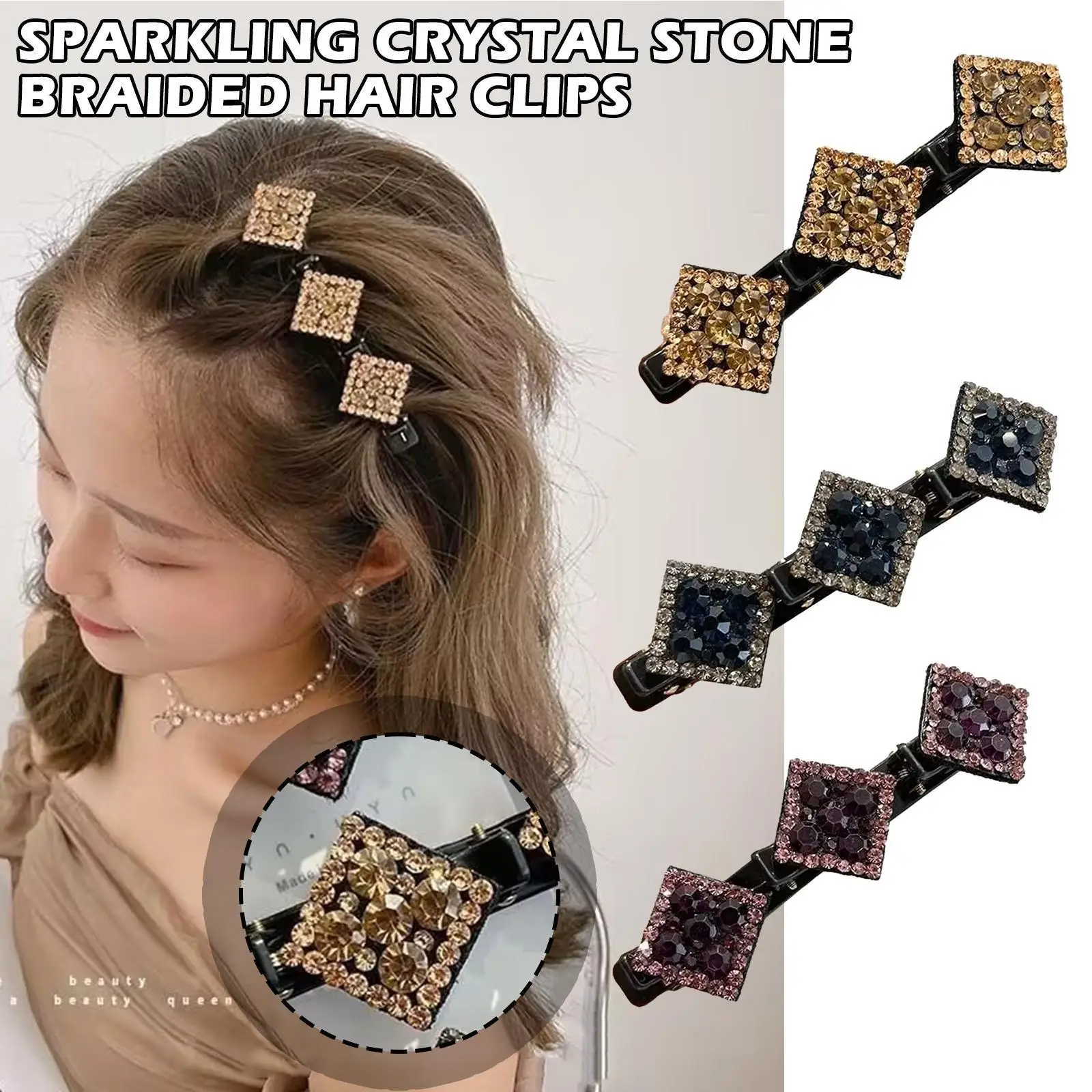 

Sparkling Crystal Stone Braided Hair Clips, Satin Rhinestone hairpin hairstyle Womens Double Fabric twist bangs Bands plait I8E7
