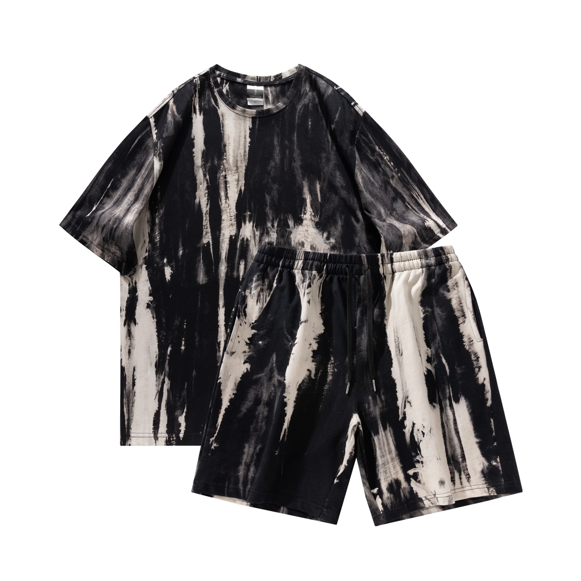 2023 New Summer Men's Casual Contrast Color Set Tie Dyed Two Piece Set for Men's Loose Fit American Fashion