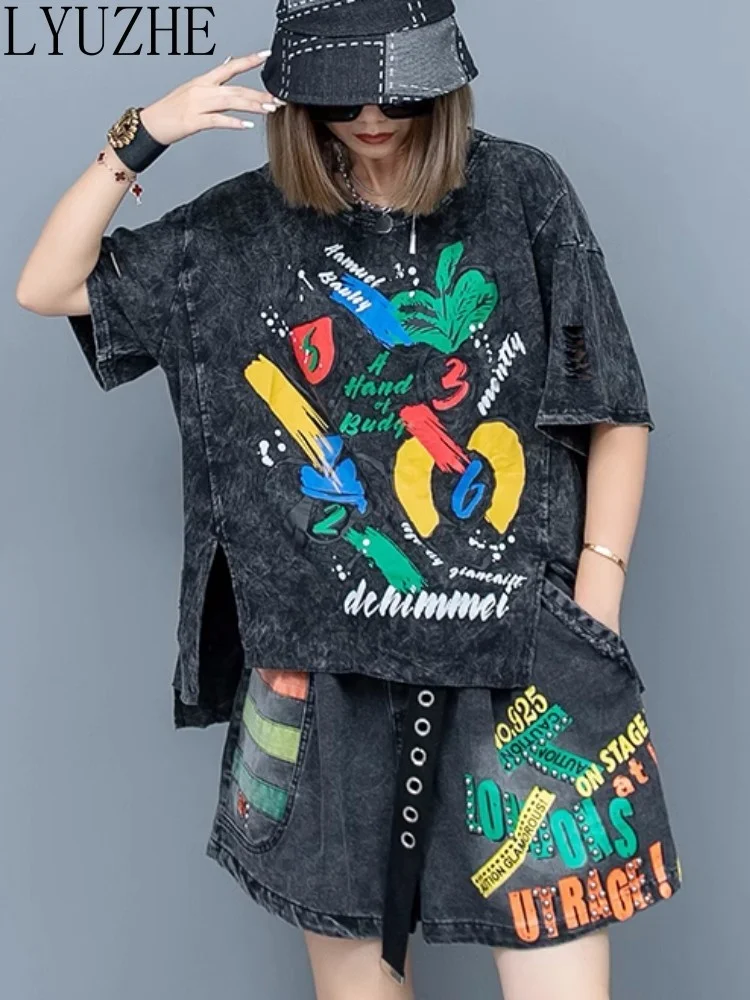 

LYUZHE Worn Short Sleeved T-shirt + Denim Shorts Two-piece Set Women 2023 Summer New Fashionable Matching Set ZXF473A