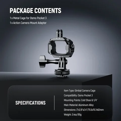 Клетка для камеры NEEWER AC009 для экшн-камеры DJI Osmo Pocket 3, металлическая клетка, видеокарданный подвес с адаптером Gopro, резьба 1/4 дюйма, холодный башмак