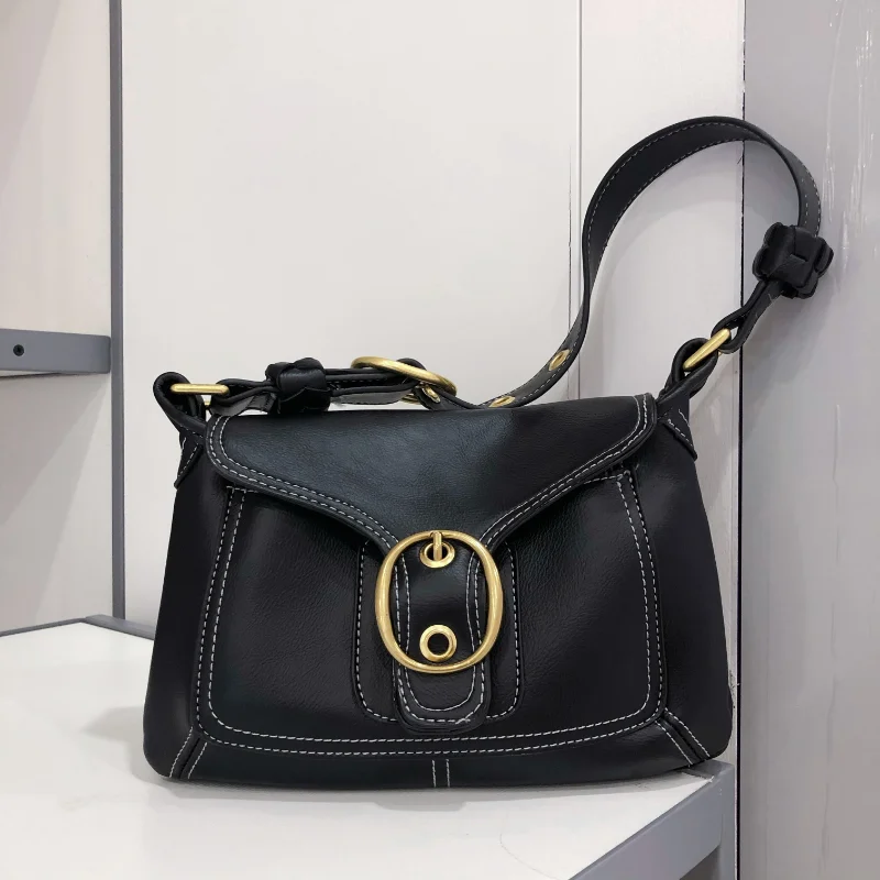 French Style Vintage Black Leather Underarm Bag for Women Y2K Spicy Girl Retro Shoulder Bag Female Armpit Bag 2023 Autumn