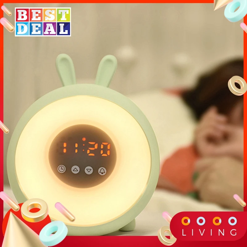 

Alarm Clock Gift Rabbit Wake Up Light Touch Button Colorful LED Cartoon Sunrise Simulation Bedside Student Adjustable Snooze ABS