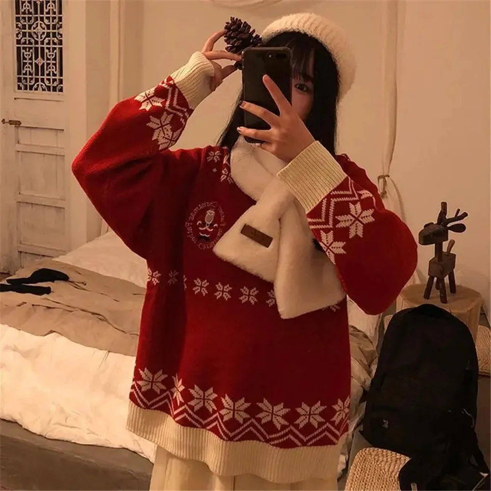 

Christmas Sweater Women Lovely Retro Chic Ulzzang Trendy Pullover Design College Teens Knitwear All-Match Daily Female Clothing