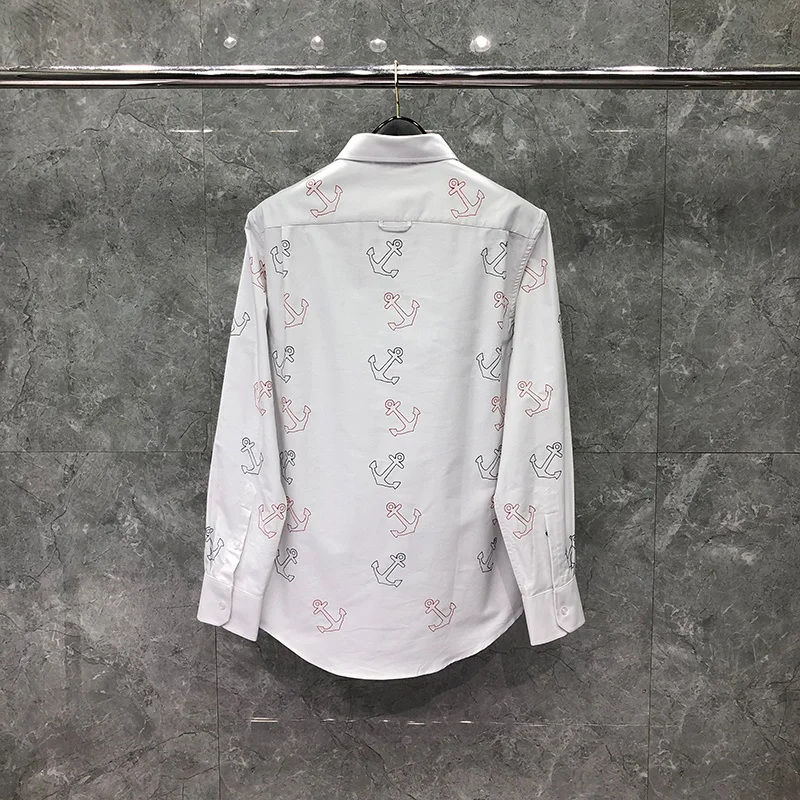 TB THOM Shirt England Style Boat Anchor Pattern Cotton Men's Spring Causal Office Long Sleeve Male Social Dress Shirts