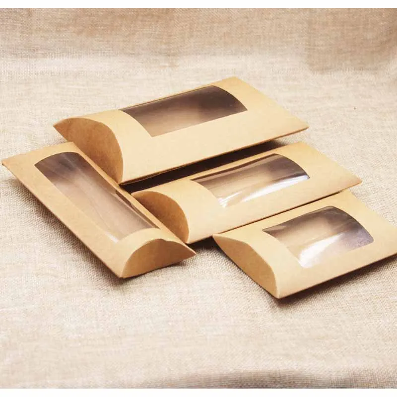 Kraft Paper Pillow Box With Window Transparent Wedding Candy Favor Box Packaging