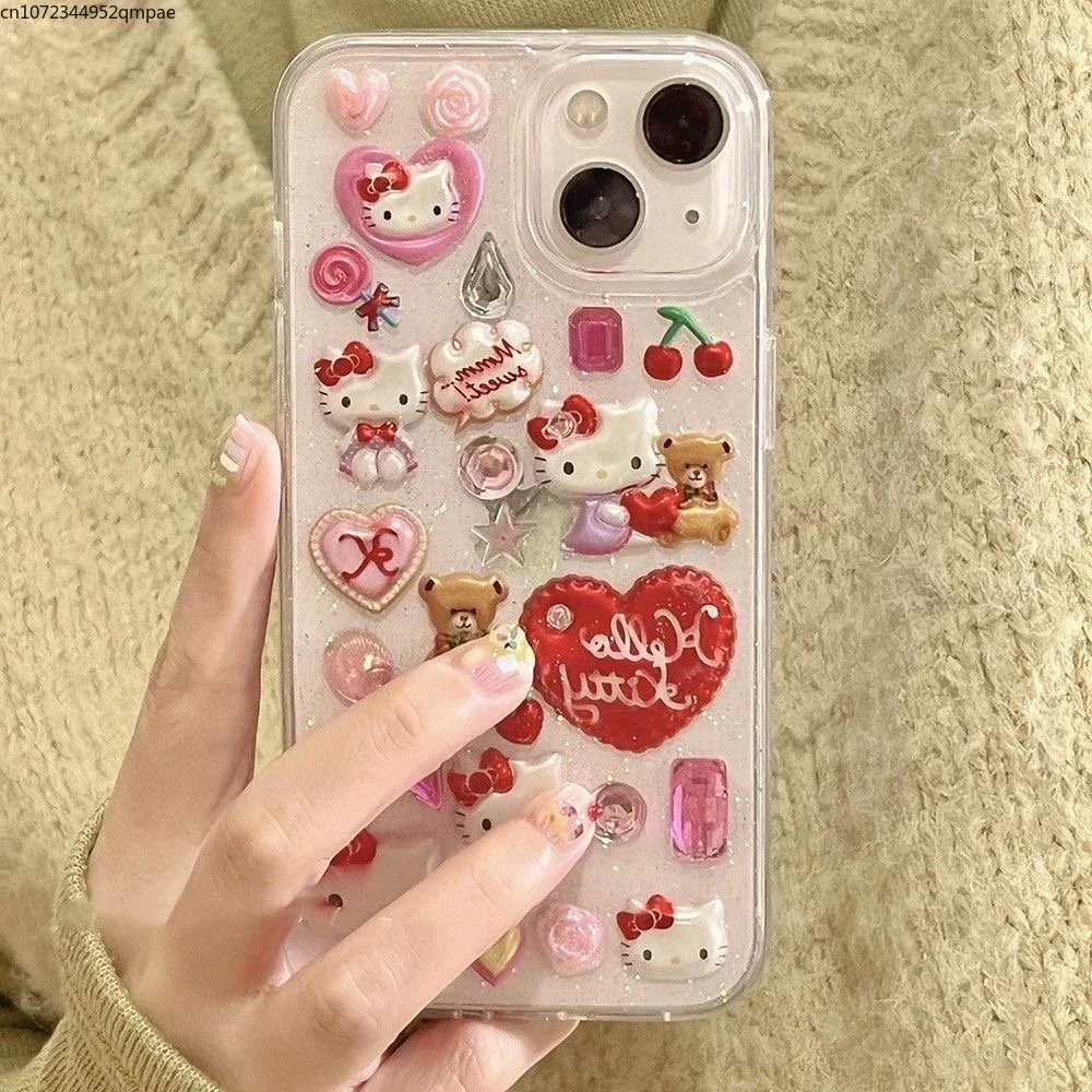 3D милый мультяшный Sanrio Y2K стикер Hello Kitty яркий блестящий чехол для телефона iPhone 16 15