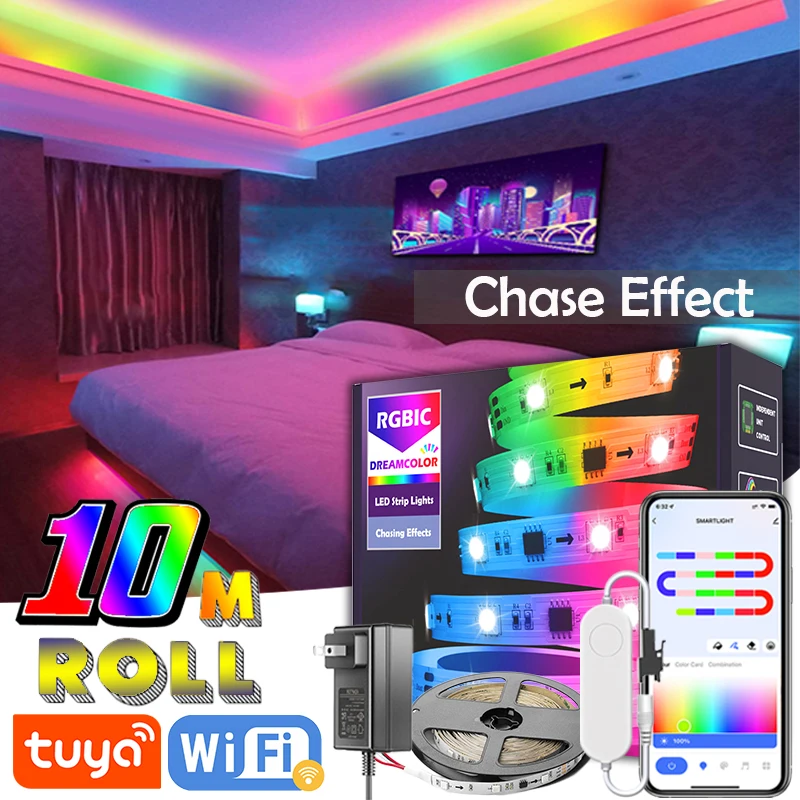 Светодиодный ная лента TUYA, 10 м, рулон, Smartlife, управление через приложение, Pixel WS2811, RGB, с микрофоном, гибкая