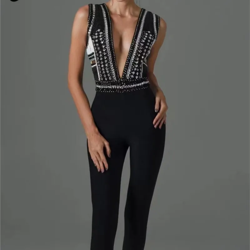 2023 Fashion Black Outwear Jumpsuits For Women Sexy Luxury Full Pants Beading Sleeveless Club Party Rompers Jumpsuits