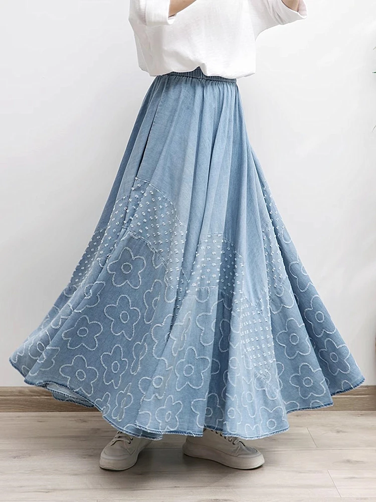 Женская джинсовая плиссированная юбка Классическая мягкая в горошек с цветочным