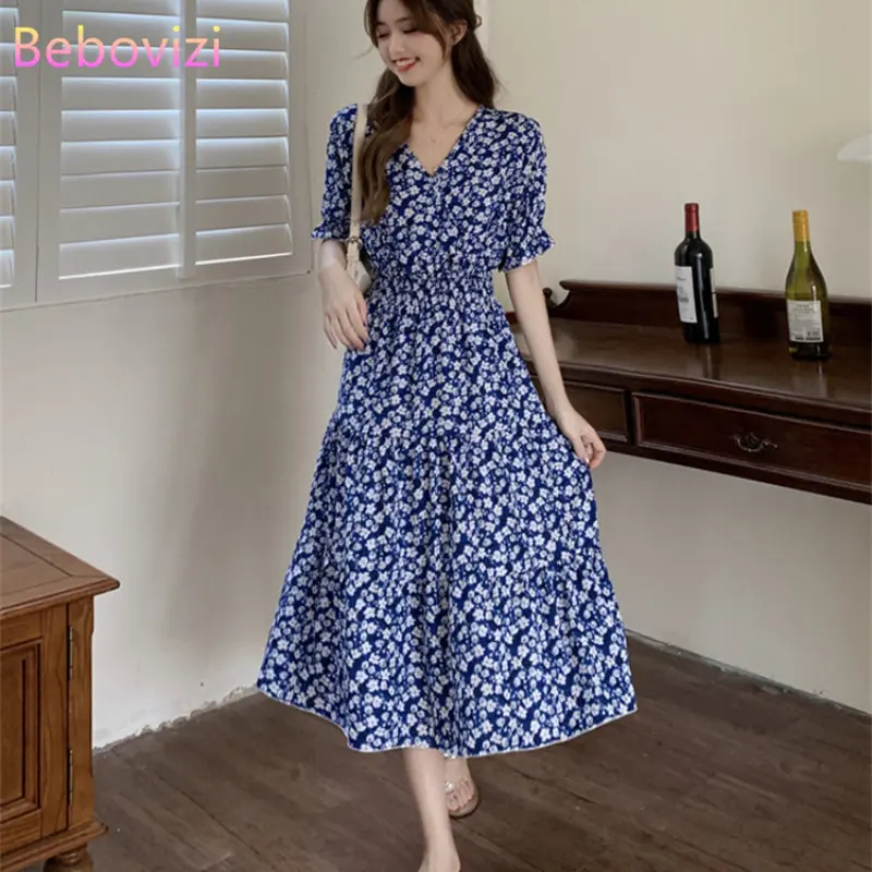 

Женское Повседневное платье миди с V-образным вырезом, коротким рукавом и цветочным принтом