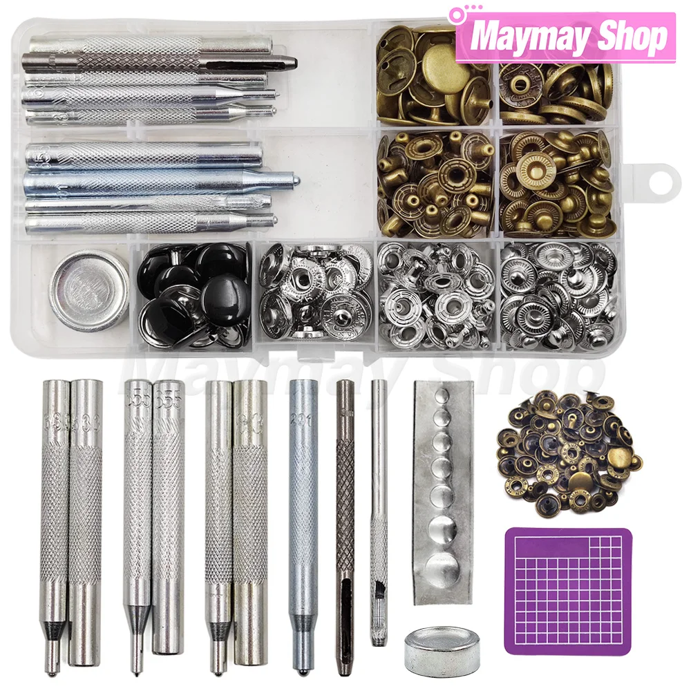

Snap Fasteners Metal Snaps Button Press Studs Leathercraft With Installation Tools Kit For Jacket Clothes Garment Bags Shoes DIY