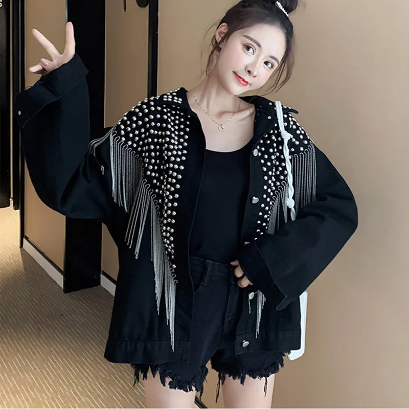 2021 Women Autumn Hand-studded Denim Jacket Coat Rivet Loose Black Tassel Chain Short Jeans Jacket Coats Streetwear Mujer