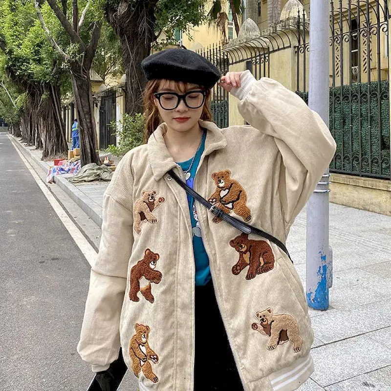 Вельветовая бейсбольная куртка женская одежда с вышивкой медведя Осень-зима