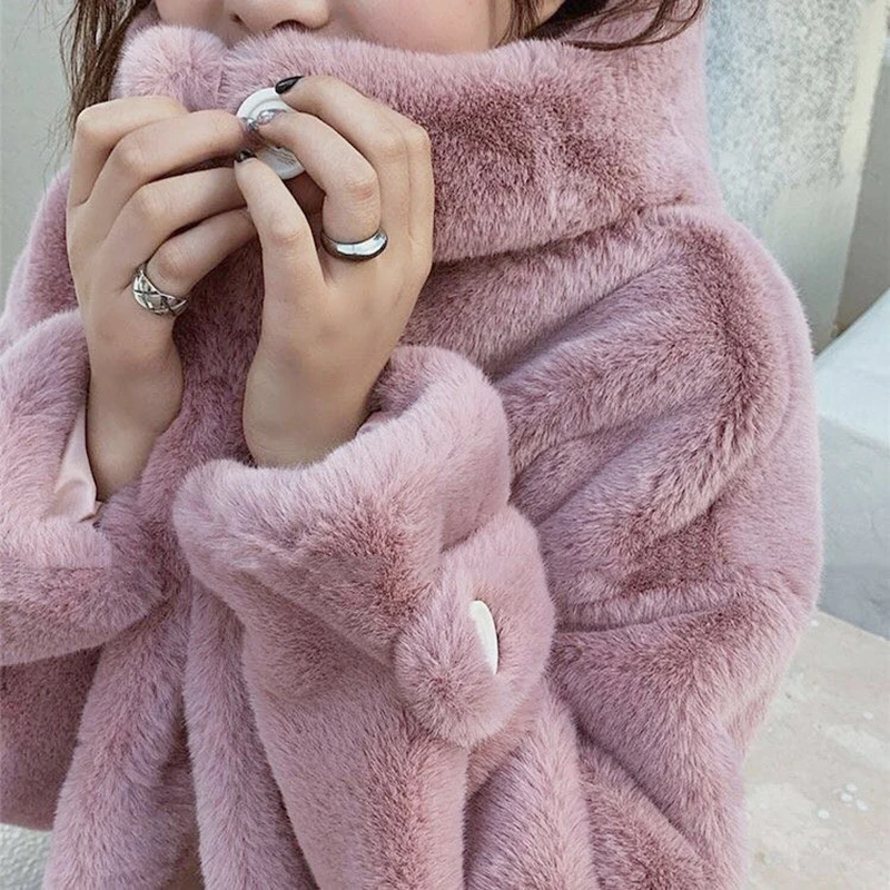 hooded  Faux Fur Coat Women Casual Korean Loose Hoodies Furry Thick Bat Sleeved Warm Long Faux Rabbit Fur Jacket Winter Coat