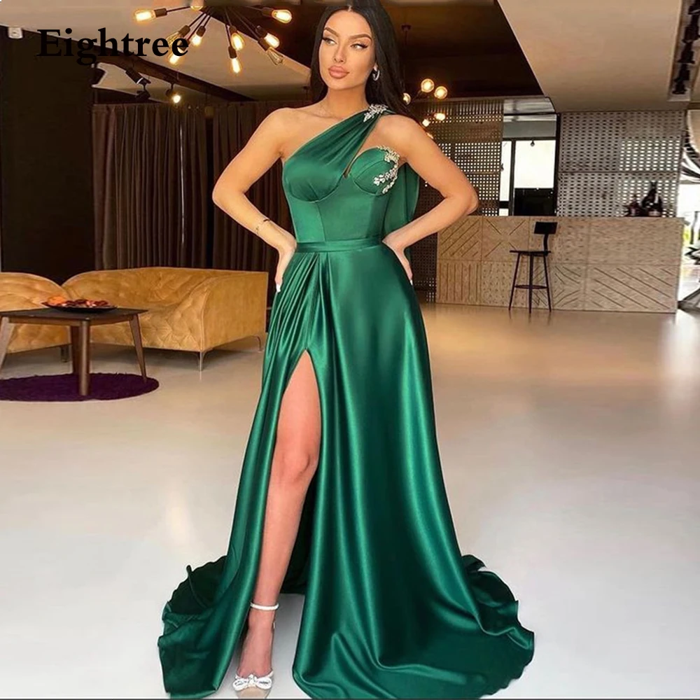 

Eightree Green One Shoulder Mermaid Evening Dress 2022 Appliques Lace High Slit Party Gowns Prom Dresses Formal Robe De Soire