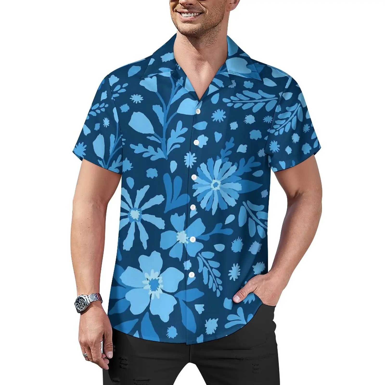 

Мужская свободная рубашка с цветочным принтом Ditsy, пляжные повседневные рубашки с синими цветами, Гавайские негабаритные блузки с коротким рукавом на заказ в стиле Харадзюку