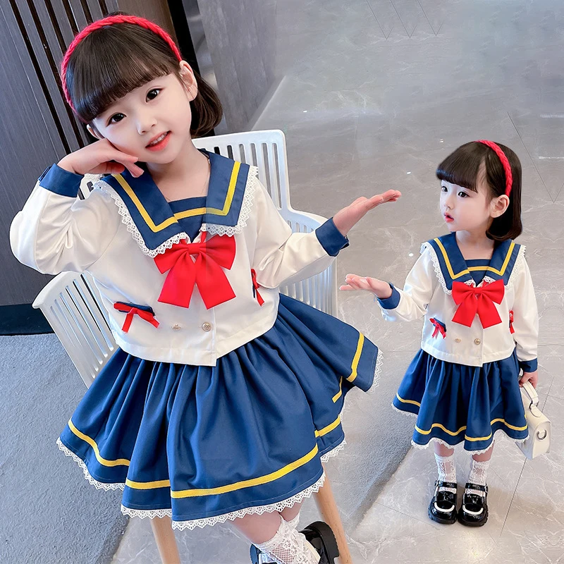 

Sailor Moon Child Girl Spring and Autumn Clothing Cute Cartoon Navy Collar Top Skirt Jk Uniform College Style Pleated Skirt Set