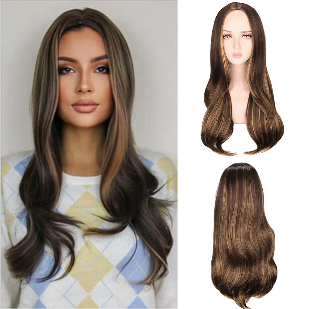 

WHIMSICAL W Long Ombre Brown Wavy Wig Cosplay Party Daily Synthetic Wig For Women High Density Temperature Fibre