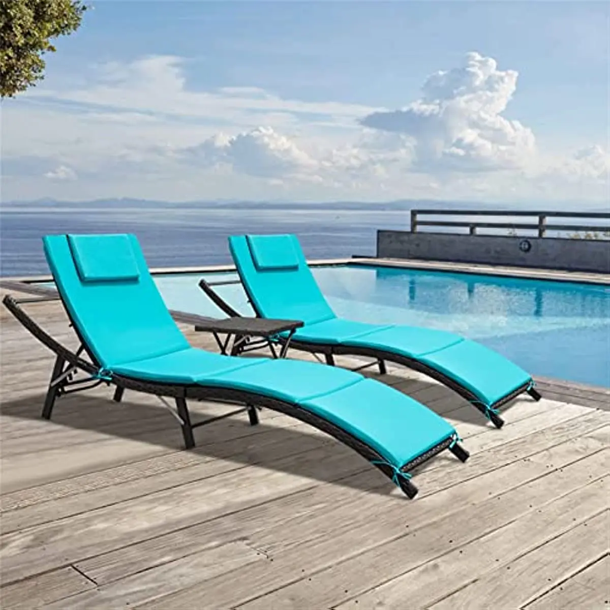 

3 Pieces Patio Adjustable Chaise Lounge Outdoor Wicker Lounge Chairs Set of 2 with Table Folding Chaise Lounger for Poolside