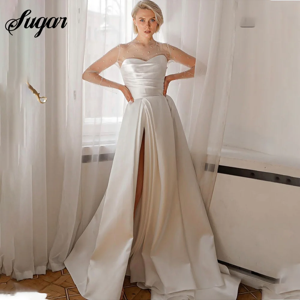 

Newest Satin A Line Wedding Dress 2023 Sweetheart Long Sleeve With Pearls High Slit Bride Dress Illusion Back Robe De Mariee