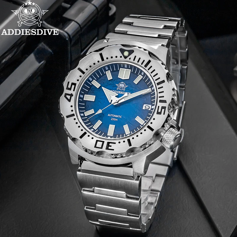 Фото Часы ADDIESDIVE Sapphire Diver с механизмом NH35, водонепроницаемые до 20 бар, светящиеся автоматические механические часы AD2047, наручные часы с синим циферблатом №2