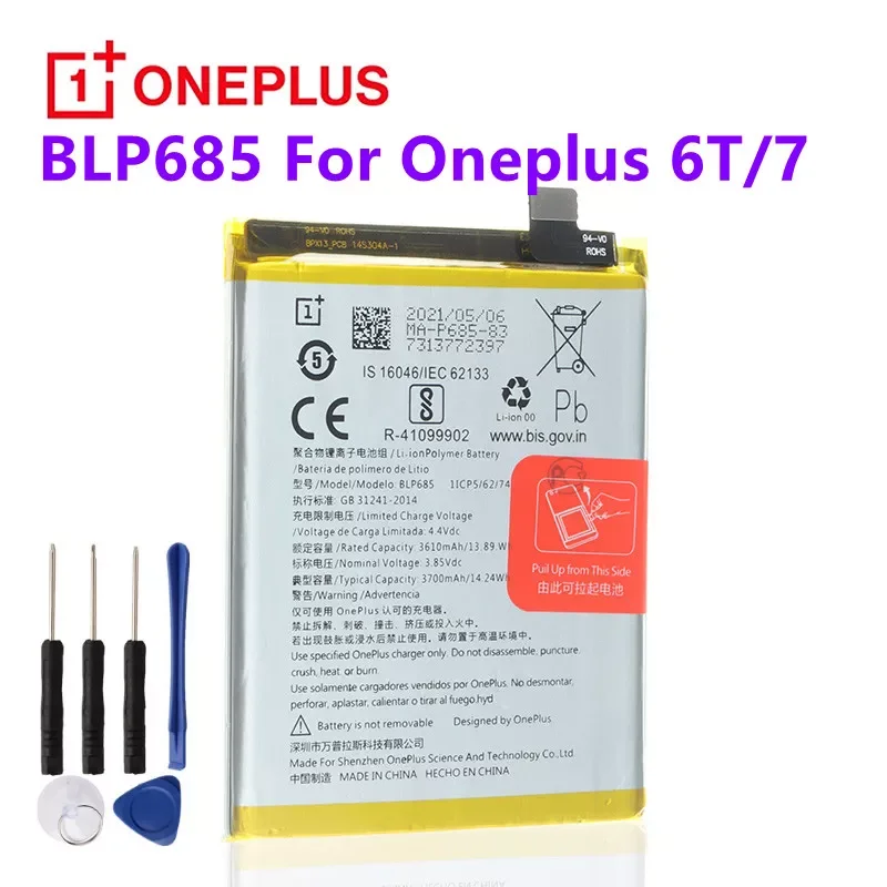 

riginal 6T /Oneplus 7 Phone Battery BLP685 3700mAh High Capacity One Plus Phone Batteries Free Tools Phone AKKU