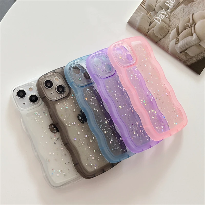 

Wave Shape Drip Glue Star Pattern Phone Case For iPhone 14 13 11 12 Pro Max X XR XS Max 7 8 Plus Transparent TPU Soft Cover