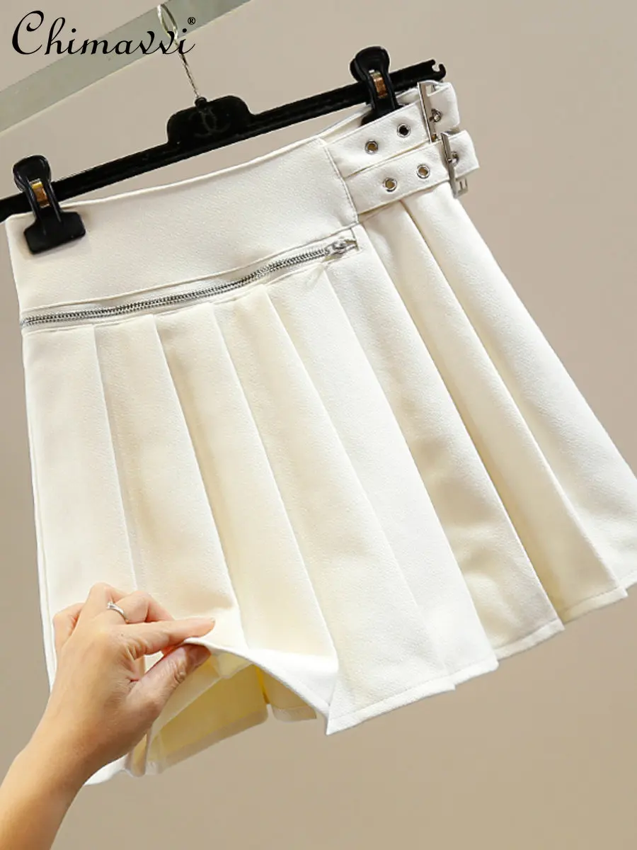 

Fashion Zipper Design Heavy Industry Metal Buckle Decorative Skirt Women's Korean-Style High Waist Short A- Line Pleated Skirt