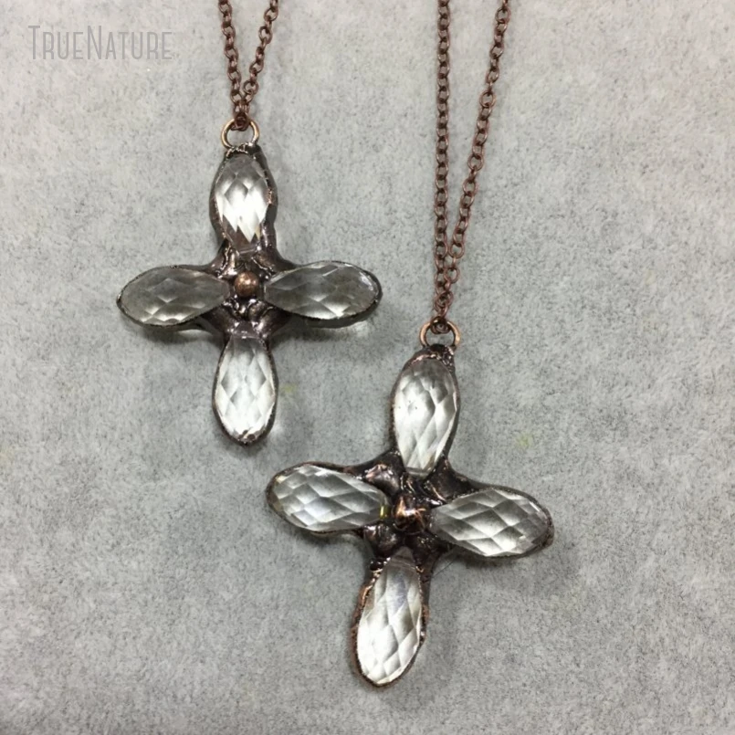 

5Pcs Jesus Christian Vintage Handmade Jewelry Soldered Cross Faceted Antique Bronze Color Glass Crystal Necklace NM40130