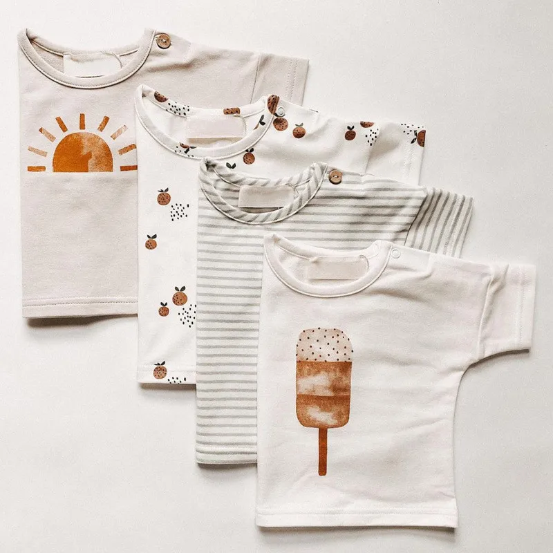 

EnkeliBB Super Lovely Honey Baby Boys Girls Short Sleeve T shirt With Orange Pattern Soft Cosy Infant Casual Clothes Tops