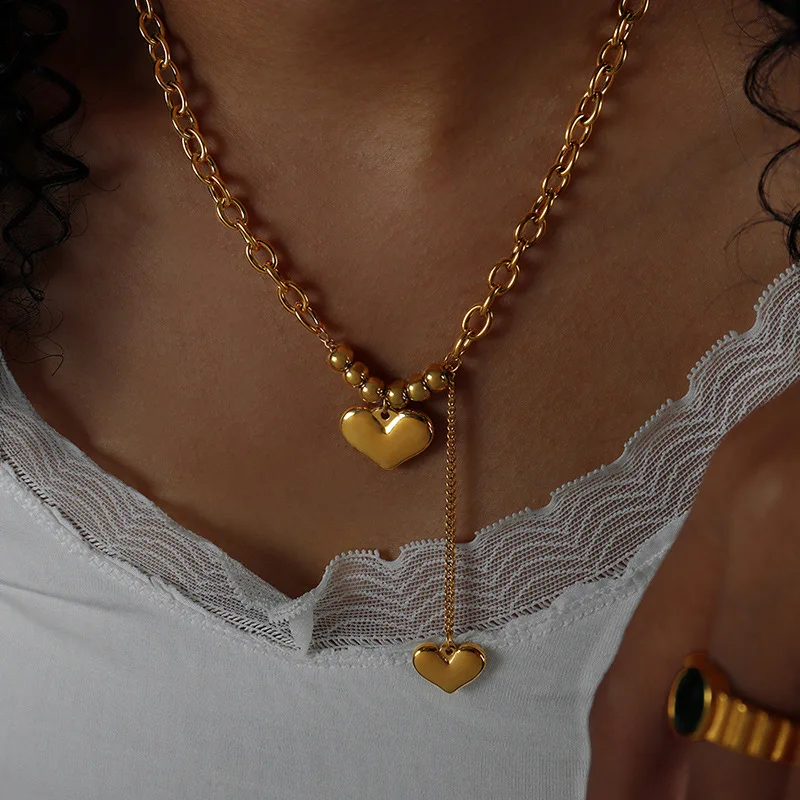 

Double Heart Titanium Steel Gold Plated Link Chain Pendant For Women Fine Jewelry Wedding Party Birthday Gift